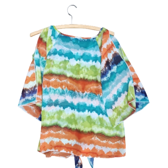BY & BY Rainbow Ombre Sheer Cutout Butterfly Sleeve Weird Girl Phoebe Buffay Top - Picture 7 of 14